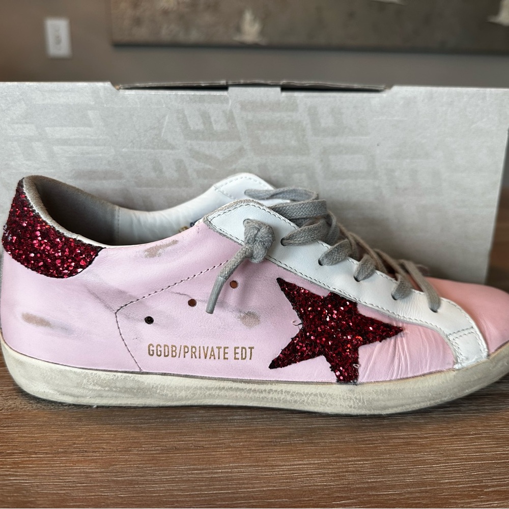 Golden Goose Super Star Pink Sneakers with Red Glitter Star and heel